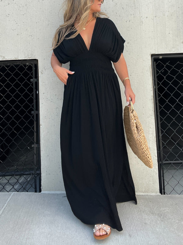 Robe Col V avec Fente et Taille Froncée (Achetez-en 2, Livraison Gratuite)