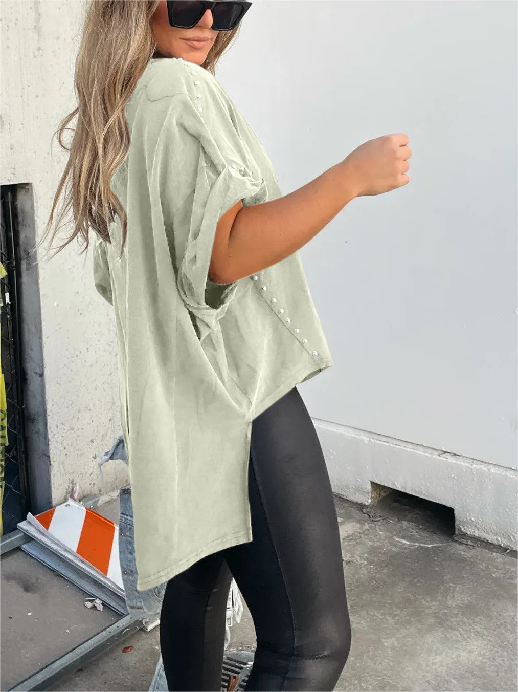 Washed Roll Sleeve Studded Oversized Short Sleeve Top (Buy 2 Free Shipping)