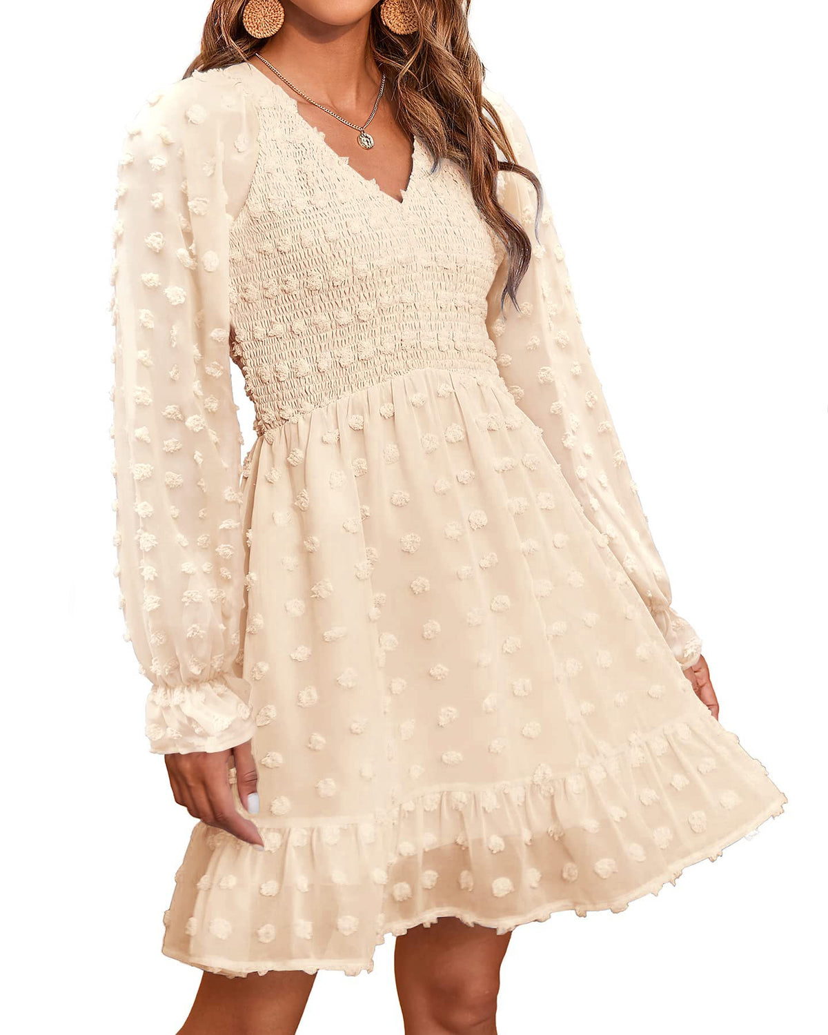Women's Spring V Neck Swiss Dot Chiffon Mini Dress (Buy 2 Free Shipping)