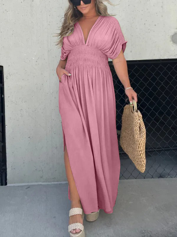 Robe Col V avec Fente et Taille Froncée (Achetez-en 2, Livraison Gratuite)
