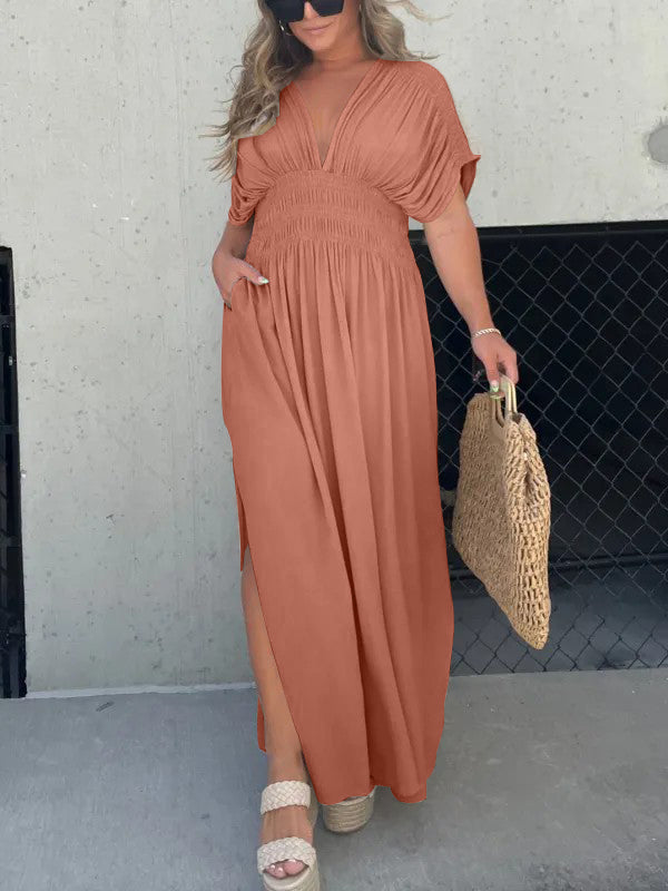Robe Col V avec Fente et Taille Froncée (Achetez-en 2, Livraison Gratuite)