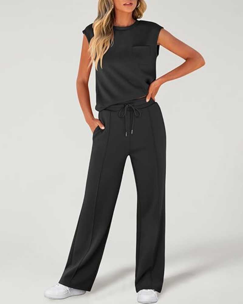 Ensemble deux pièces caraco uni et pantalon large à taille coulissée pour femme