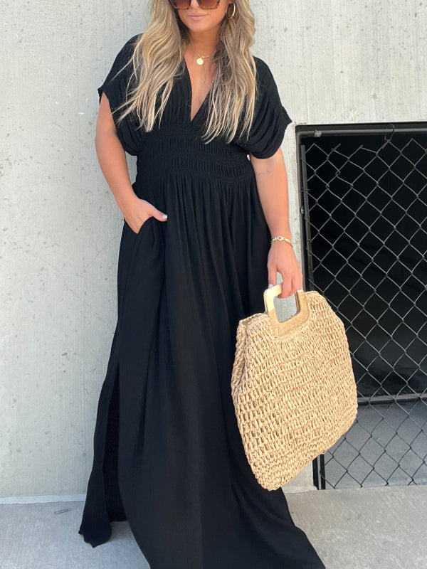 Robe Col V avec Fente et Taille Froncée (Achetez-en 2, Livraison Gratuite)