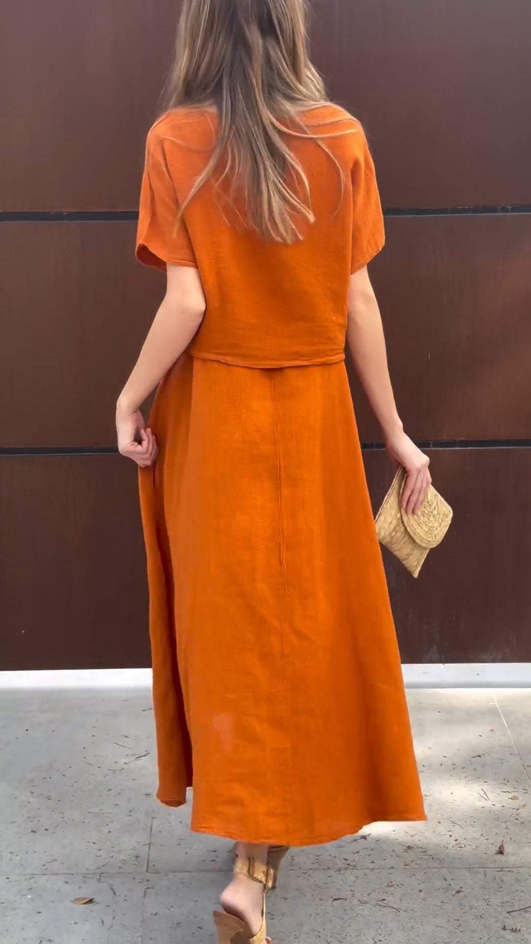 Women's V-neck Solid Color Cotton and Linen Two-piece Suit