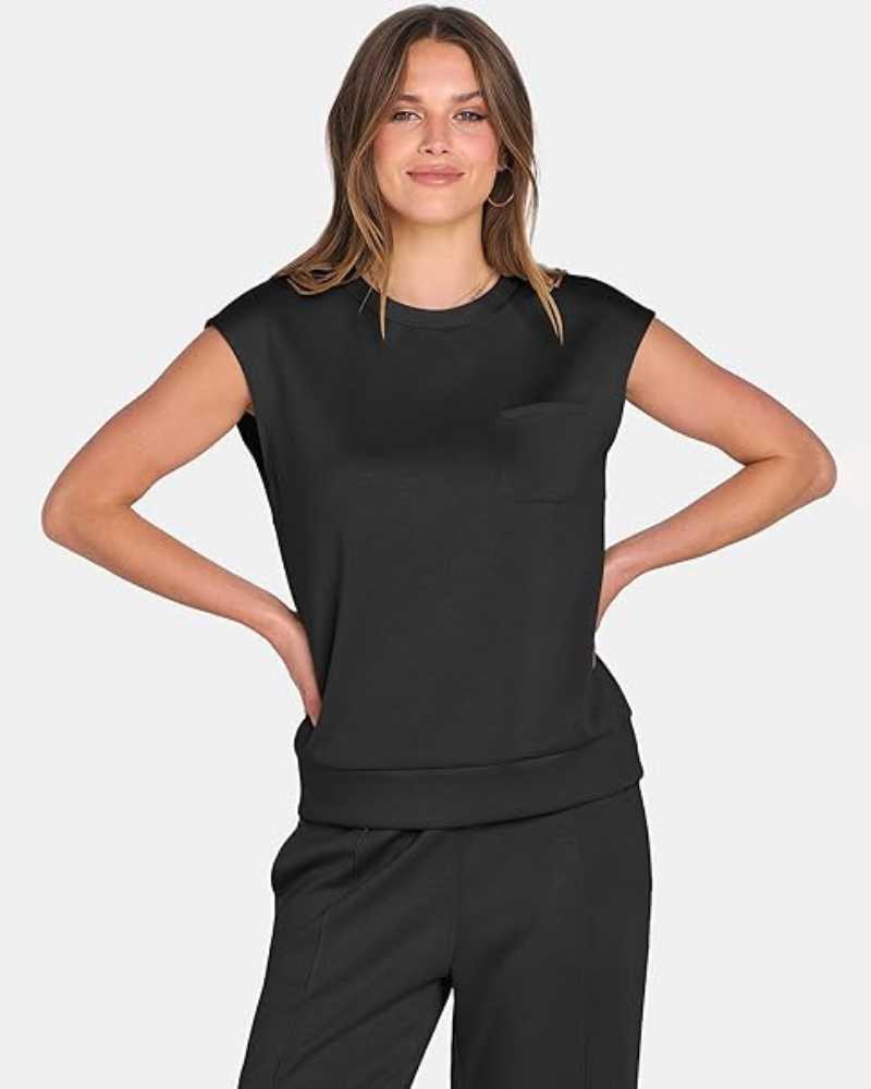 Ensemble deux pièces caraco uni et pantalon large à taille coulissée pour femme