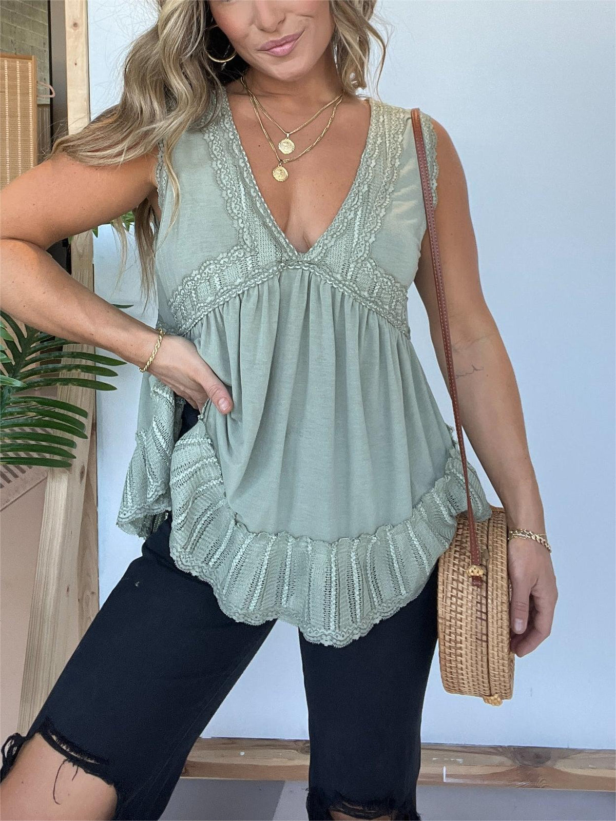 New V-neckline Sleeveless Flow Top with Lace Trim (Buy 2 Free Shipping)