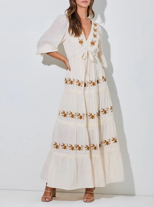 Women's V-Neck Floral Embroidered Maxi Dress (Buy 2 Free Shipping)
