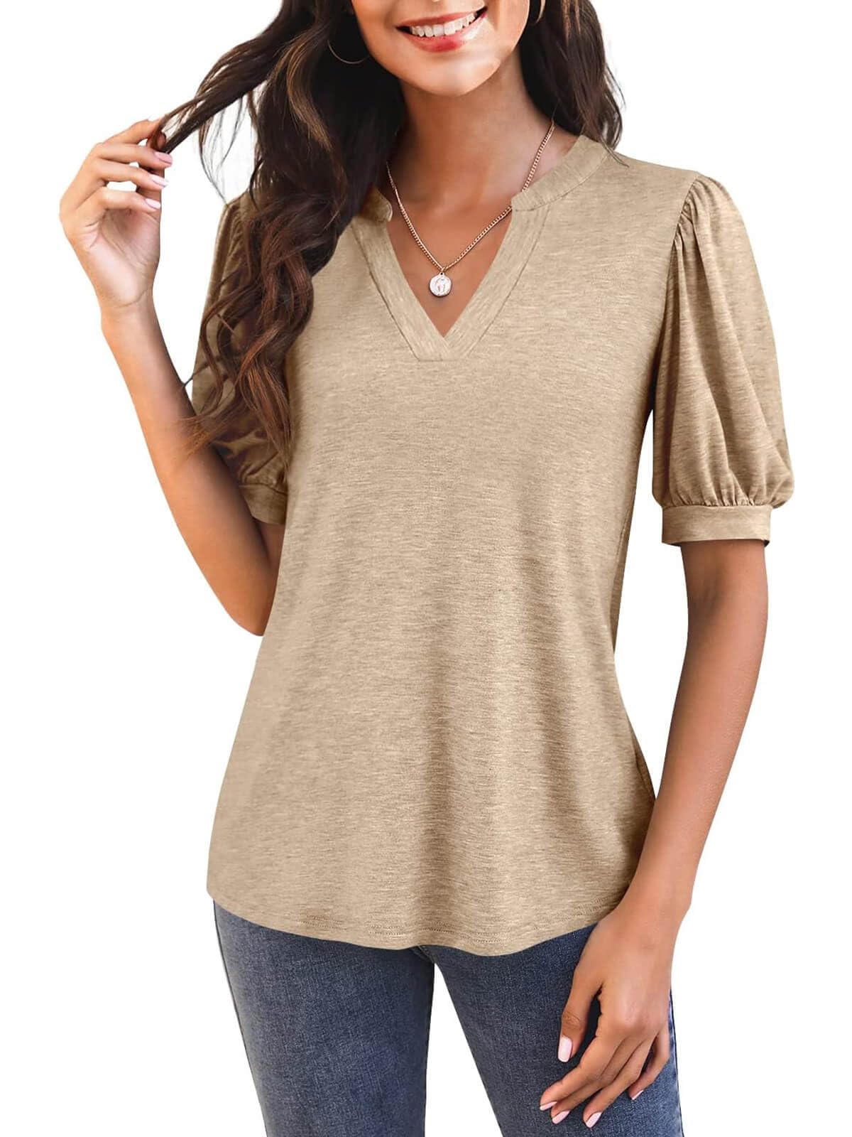 Women's V Neck Puff Sleeve Basic T-shirt (Buy 3 Free Shipping)