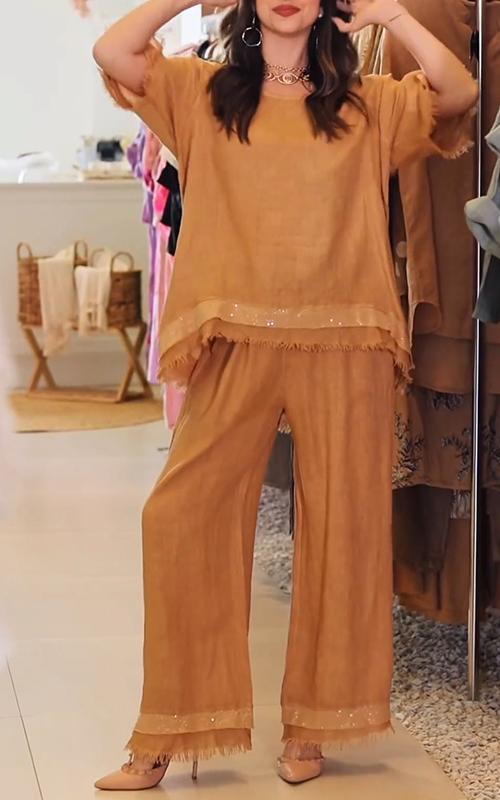 Ensemble deux pièces en coton et lin à col rond, sequins et ourlet brut pour femme