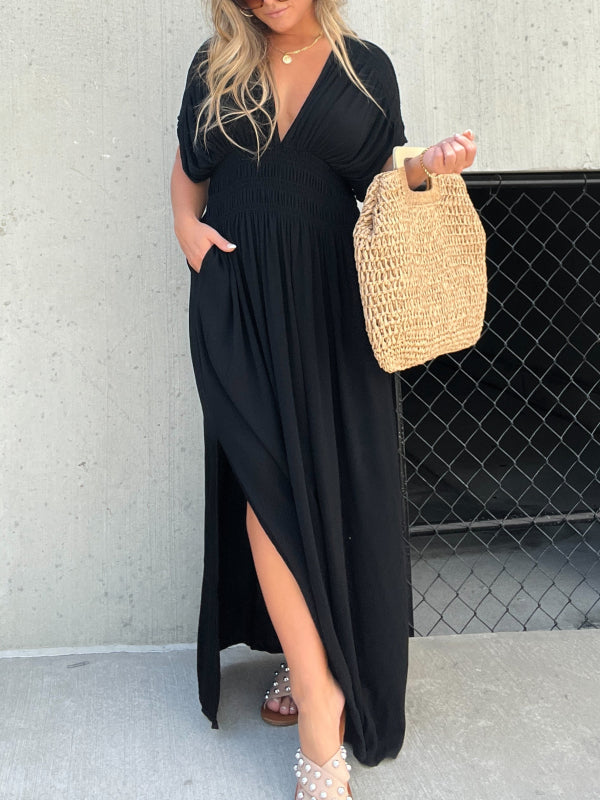 Robe Col V avec Fente et Taille Froncée (Achetez-en 2, Livraison Gratuite)