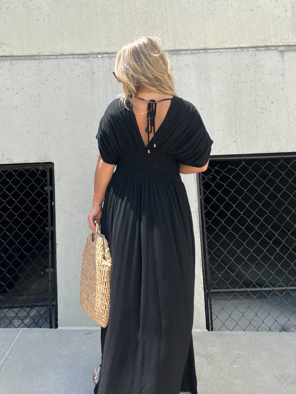 Robe Col V avec Fente et Taille Froncée (Achetez-en 2, Livraison Gratuite)