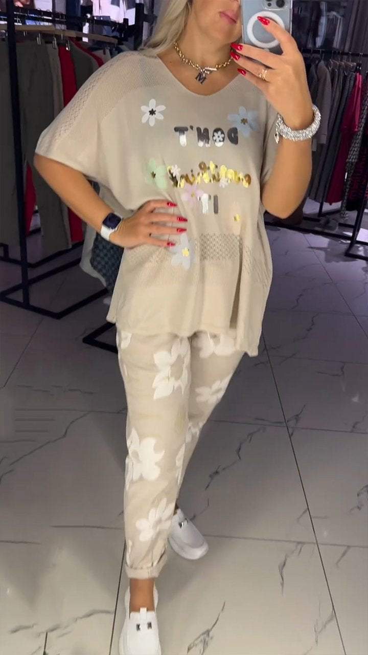 Lace Letter Top and Floral Casual Pants Two-piece Set