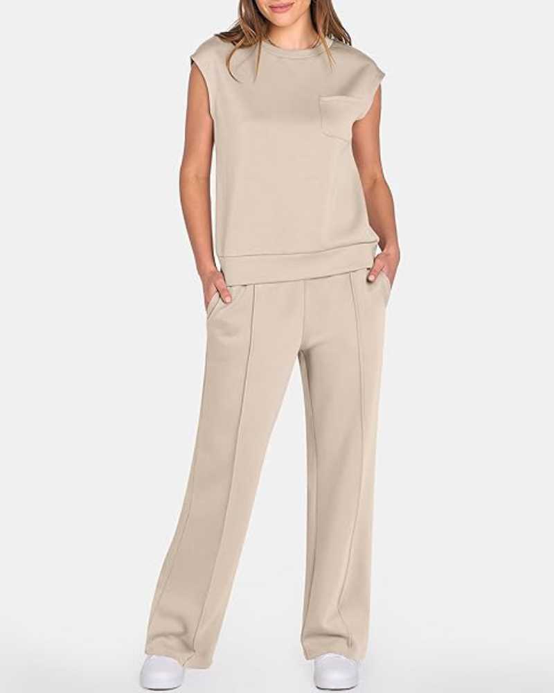 Ensemble deux pièces caraco uni et pantalon large à taille coulissée pour femme