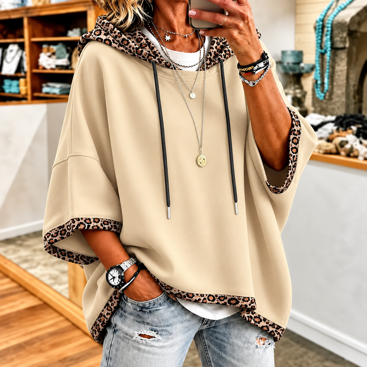 Women's Leopard Trim Hoodie – Relaxed Fit Drawstring Sweatshirt