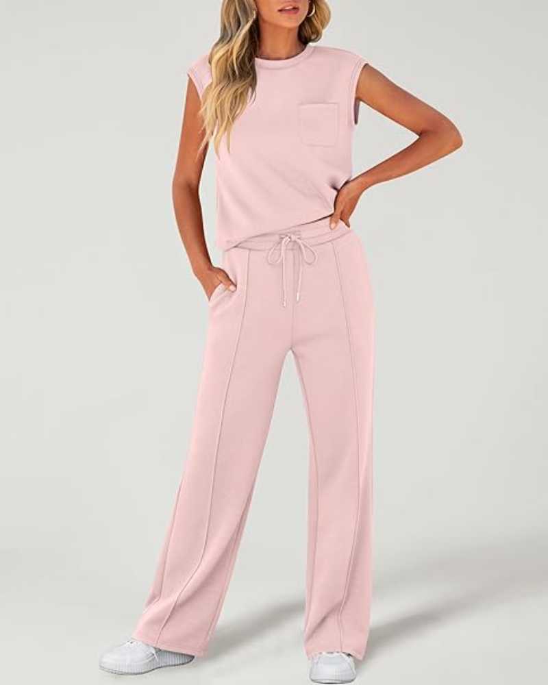 Ensemble deux pièces caraco uni et pantalon large à taille coulissée pour femme