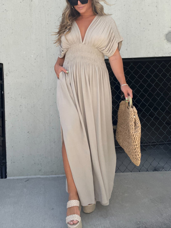 Robe Col V avec Fente et Taille Froncée (Achetez-en 2, Livraison Gratuite)