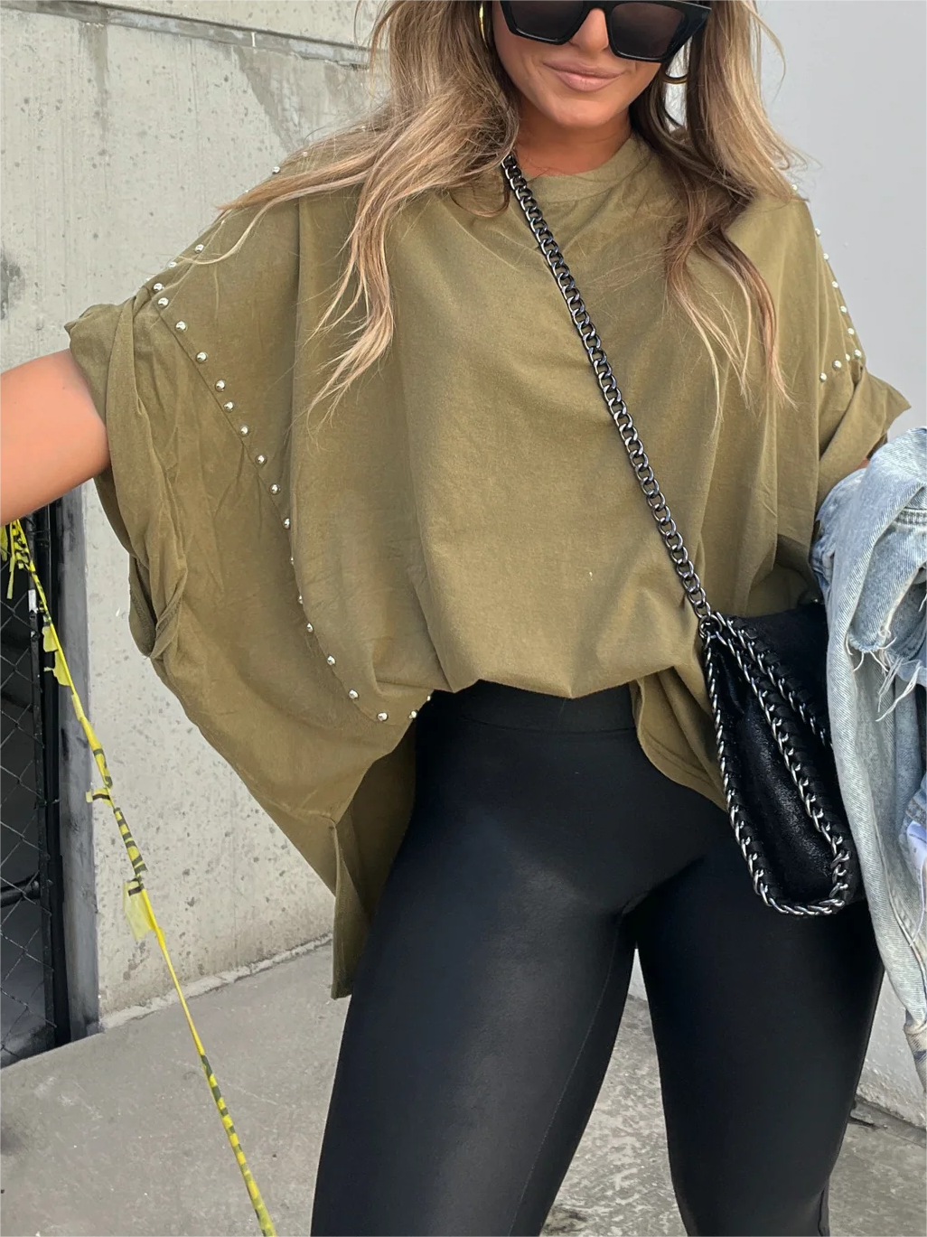 Washed Roll Sleeve Studded Oversized Short Sleeve Top (Buy 2 Free Shipping)