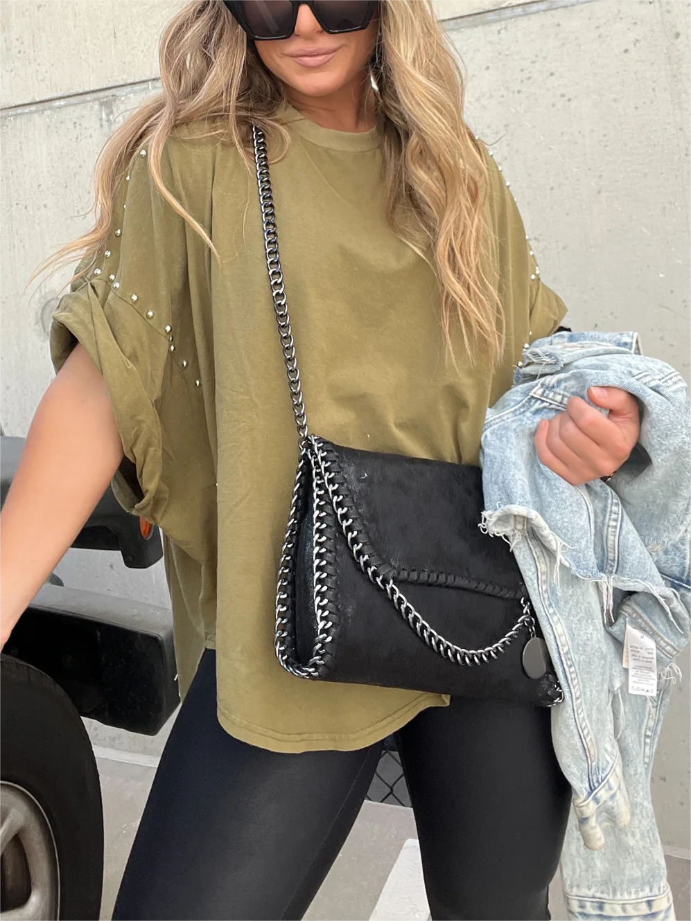 Washed Roll Sleeve Studded Oversized Short Sleeve Top (Buy 2 Free Shipping)