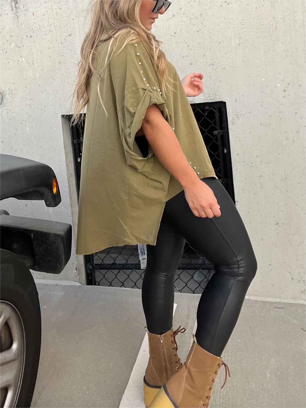 Washed Roll Sleeve Studded Oversized Short Sleeve Top (Buy 2 Free Shipping)