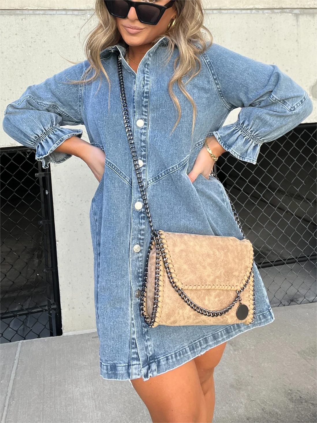 New Washed Denim Puff Sleeve Dress (Buy 2 Free Shipping)