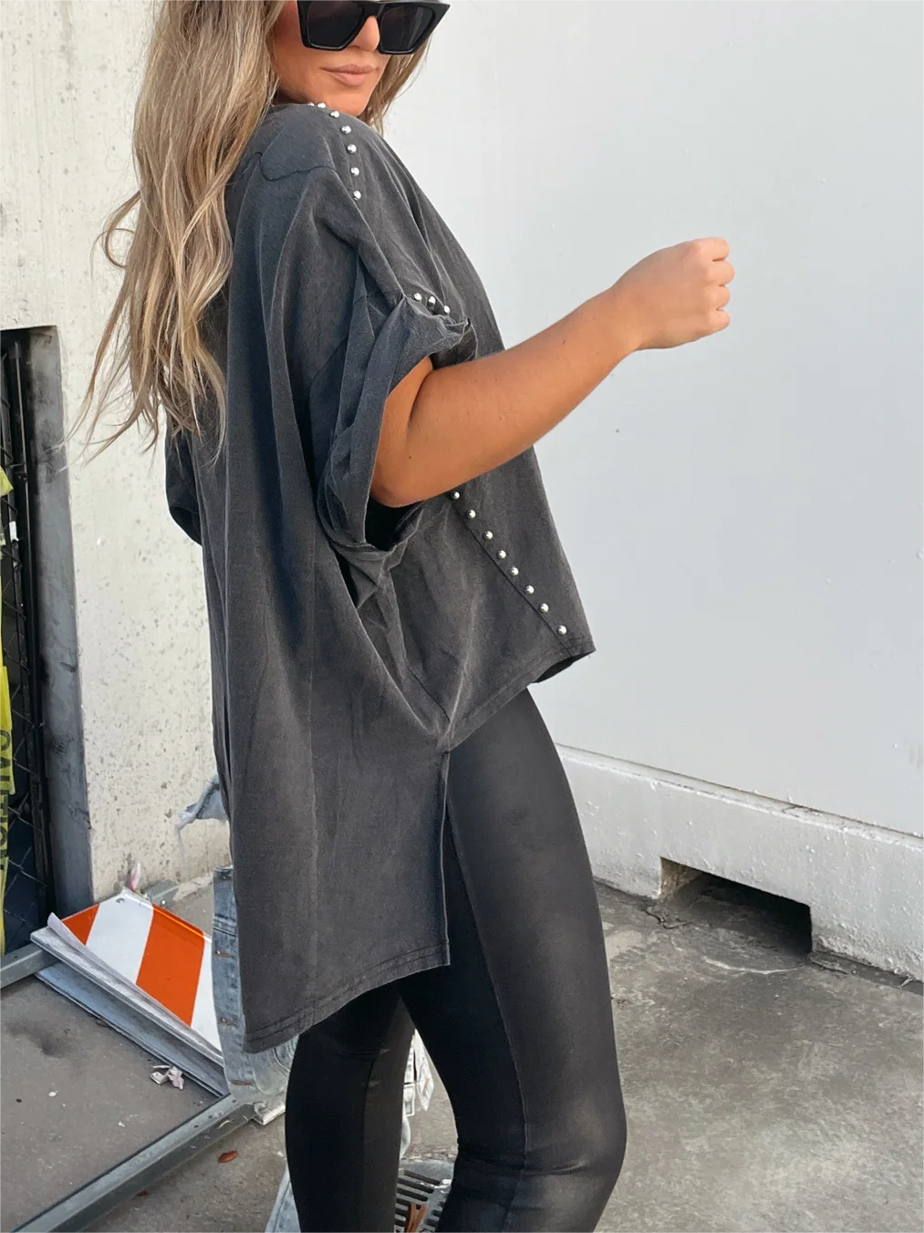 Washed Roll Sleeve Studded Oversized Short Sleeve Top (Buy 2 Free Shipping)