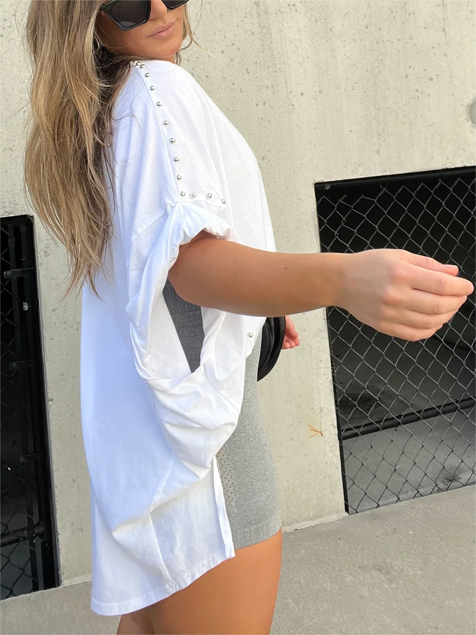 Washed Roll Sleeve Studded Oversized Short Sleeve Top (Buy 2 Free Shipping)