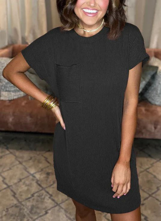 New Ribbed Round Neck Pocket Dress (Buy 2 Free Shipping)