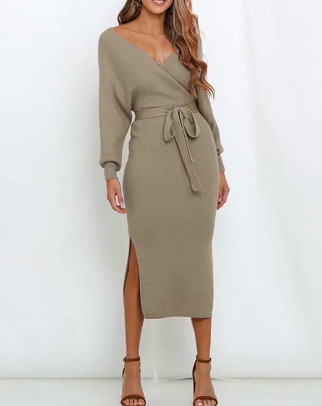 Women's Wrap V Neck Slit Sweater Dresses (Buy 2 Free Shipping)