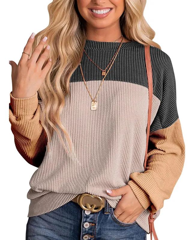 Women's Crewneck Color Block Ribbed Tops (Buy 2 Free Shipping)