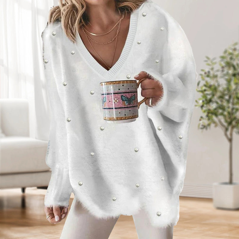 🔥Hot Sale Offers-V-Neck Long Sleeve Beaded Decor Oversized Sweater Fluffy Pullover Top