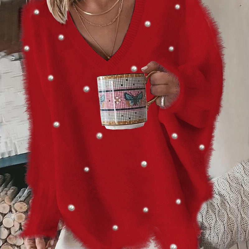 🔥Hot Sale Offers-V-Neck Long Sleeve Beaded Decor Oversized Sweater Fluffy Pullover Top