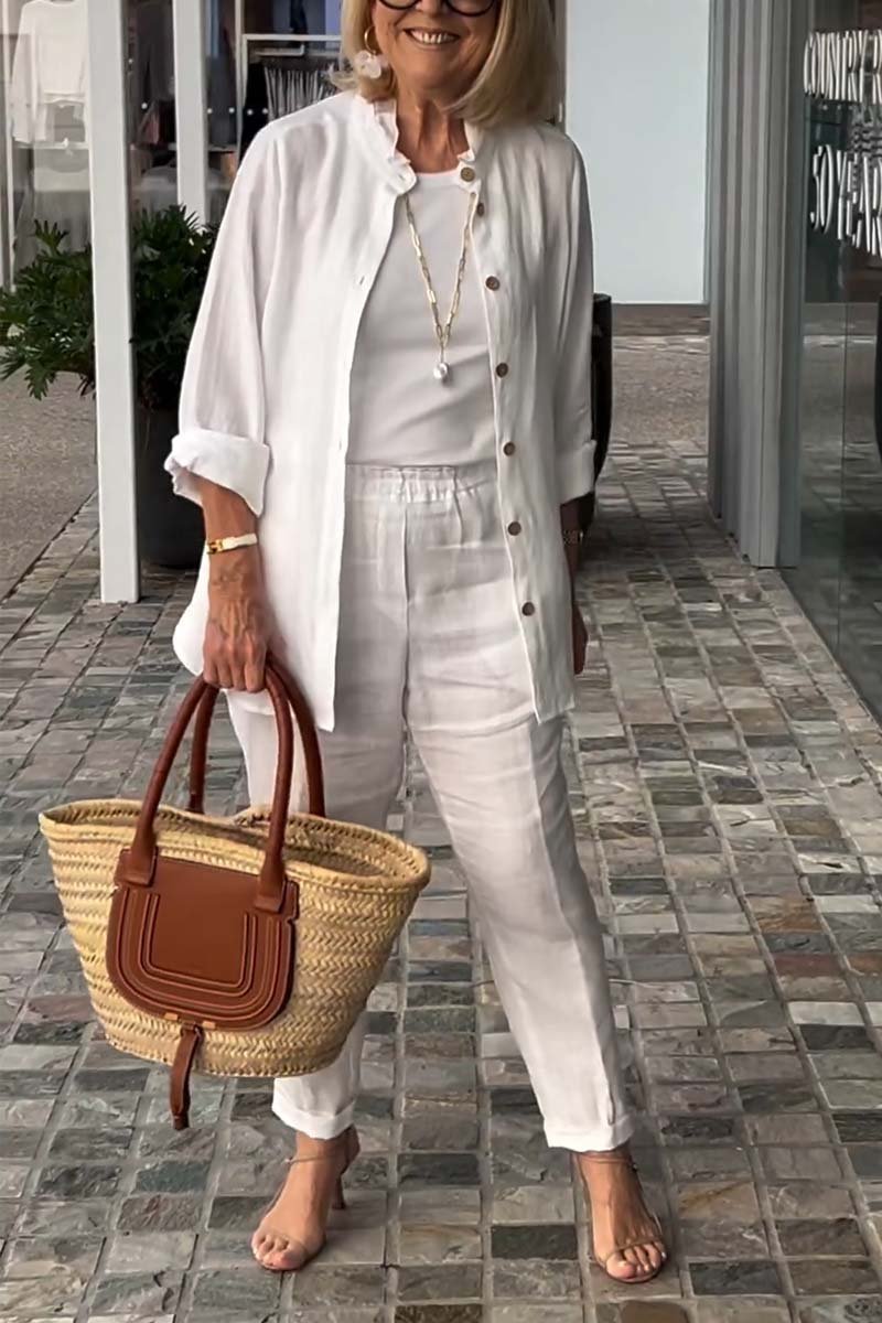Women's casual solid color cotton and linen suit