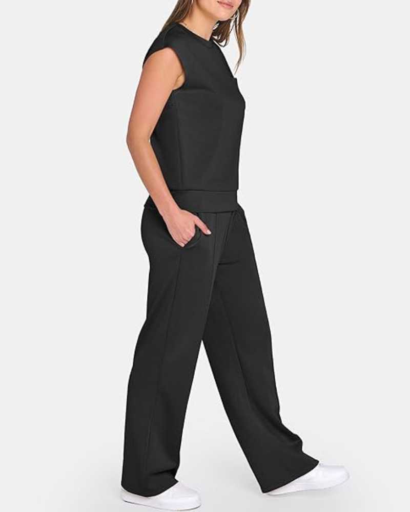 Ensemble deux pièces caraco uni et pantalon large à taille coulissée pour femme