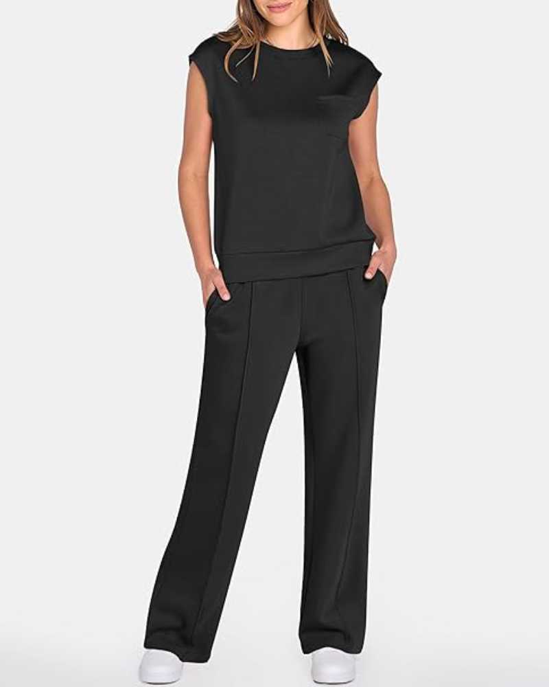 Ensemble deux pièces caraco uni et pantalon large à taille coulissée pour femme