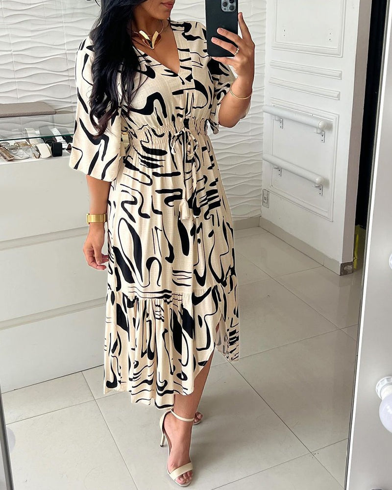 V-Neck Waist Ink Print Dress