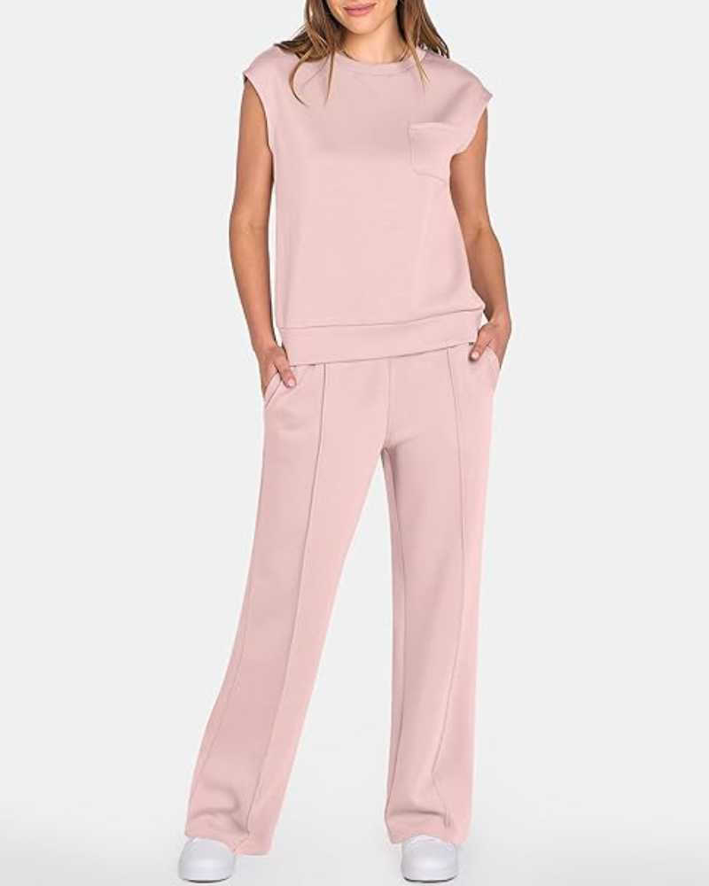 Ensemble deux pièces caraco uni et pantalon large à taille coulissée pour femme