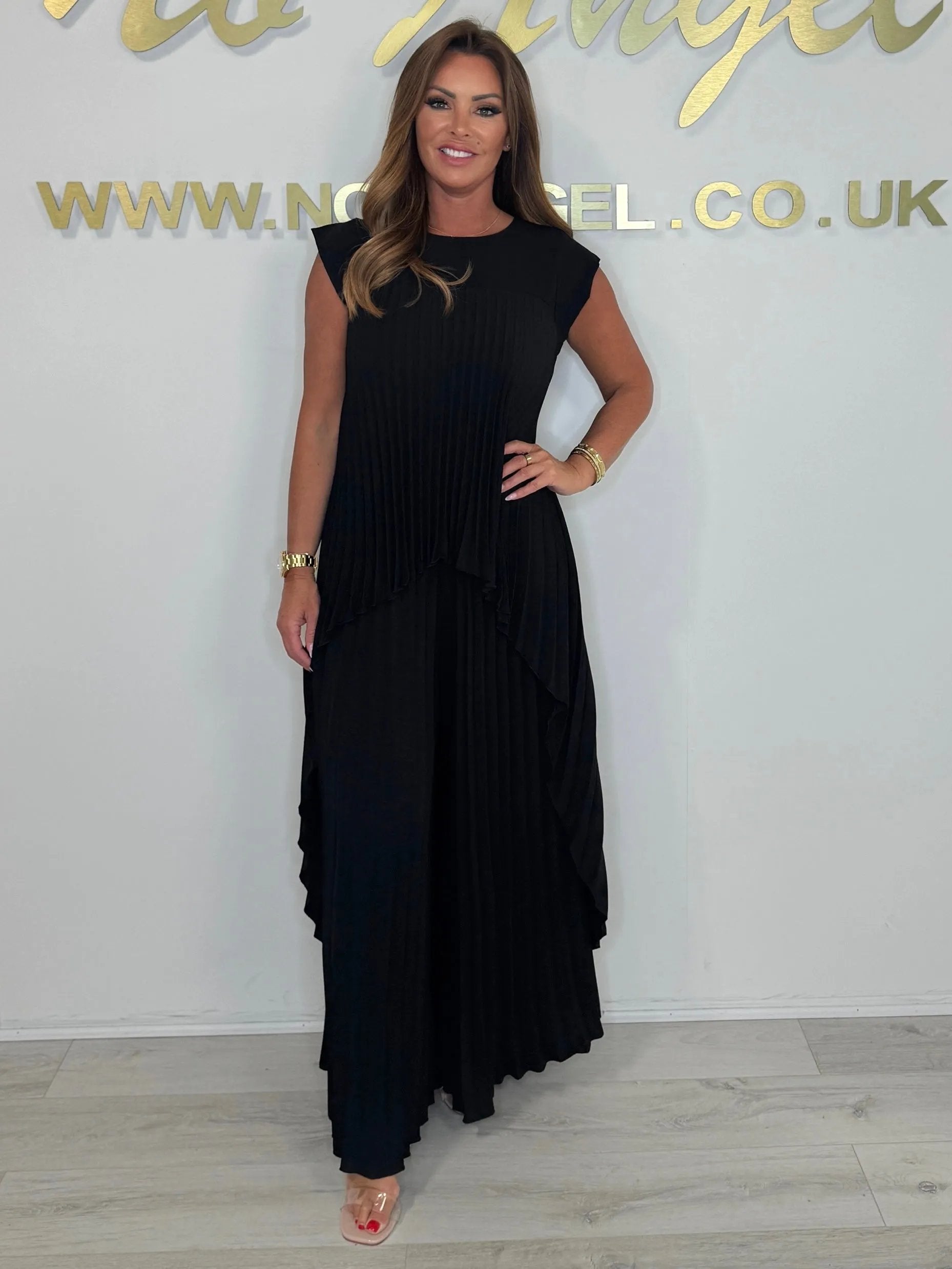 Irregular High-Low Pleated Top + Pants Two-Piece Suit