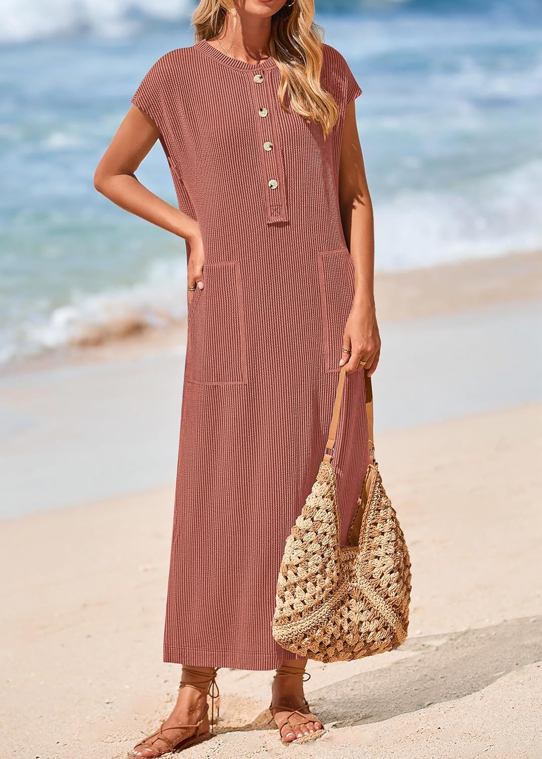 Women's Ribbed Henley Button Up Split Long Dress (Buy 2 Free Shipping)