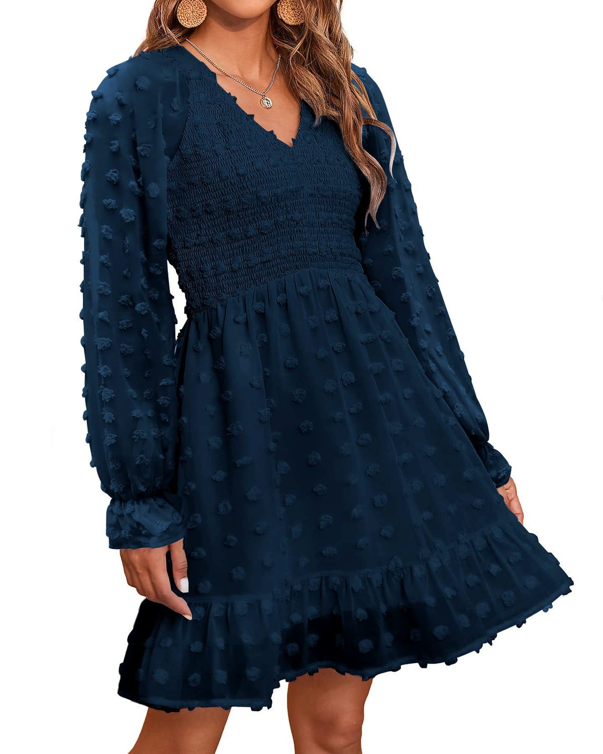 Women's Spring V Neck Swiss Dot Chiffon Mini Dress (Buy 2 Free Shipping)