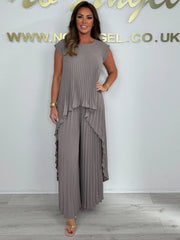 Irregular High-Low Pleated Top + Pants Two-Piece Suit