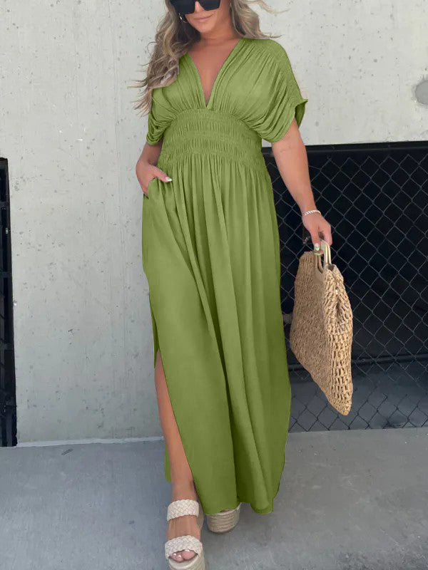 Robe Col V avec Fente et Taille Froncée (Achetez-en 2, Livraison Gratuite)
