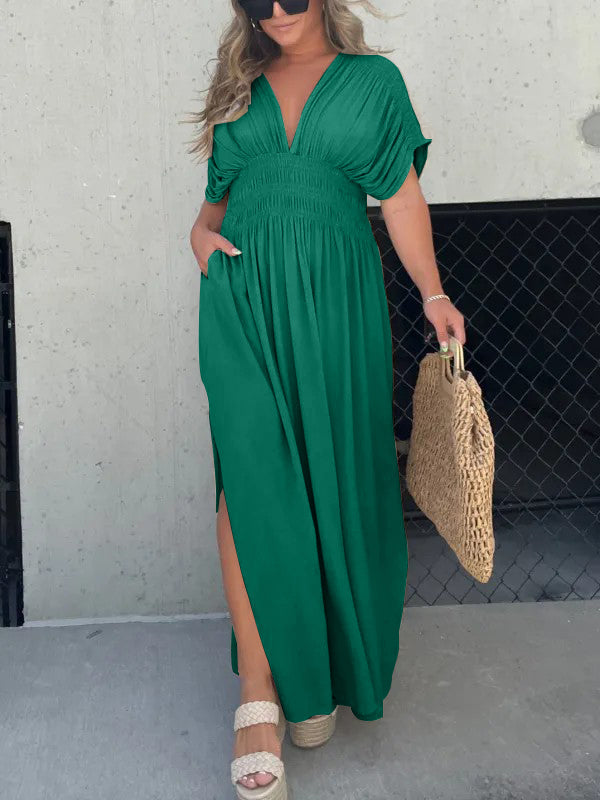 Robe Col V avec Fente et Taille Froncée (Achetez-en 2, Livraison Gratuite)