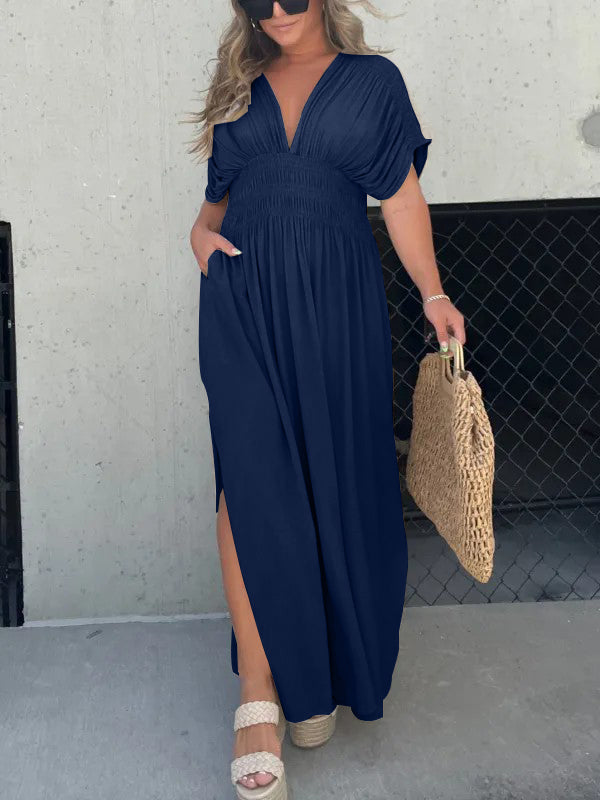 Robe Col V avec Fente et Taille Froncée (Achetez-en 2, Livraison Gratuite)
