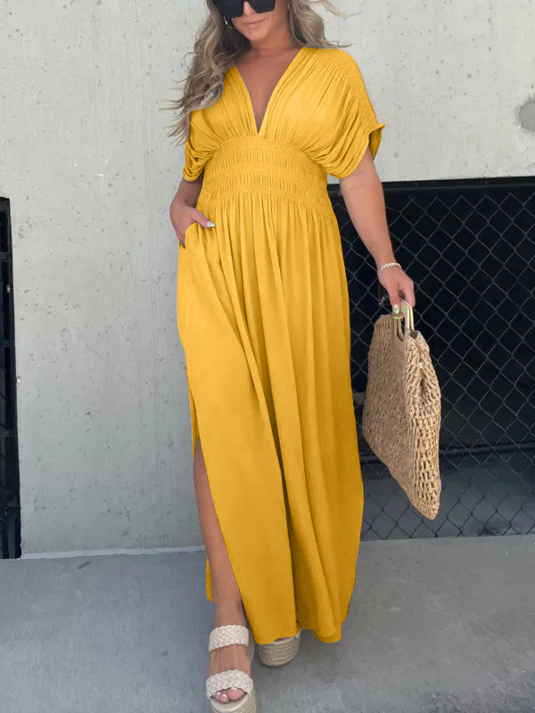 Robe Col V avec Fente et Taille Froncée (Achetez-en 2, Livraison Gratuite)