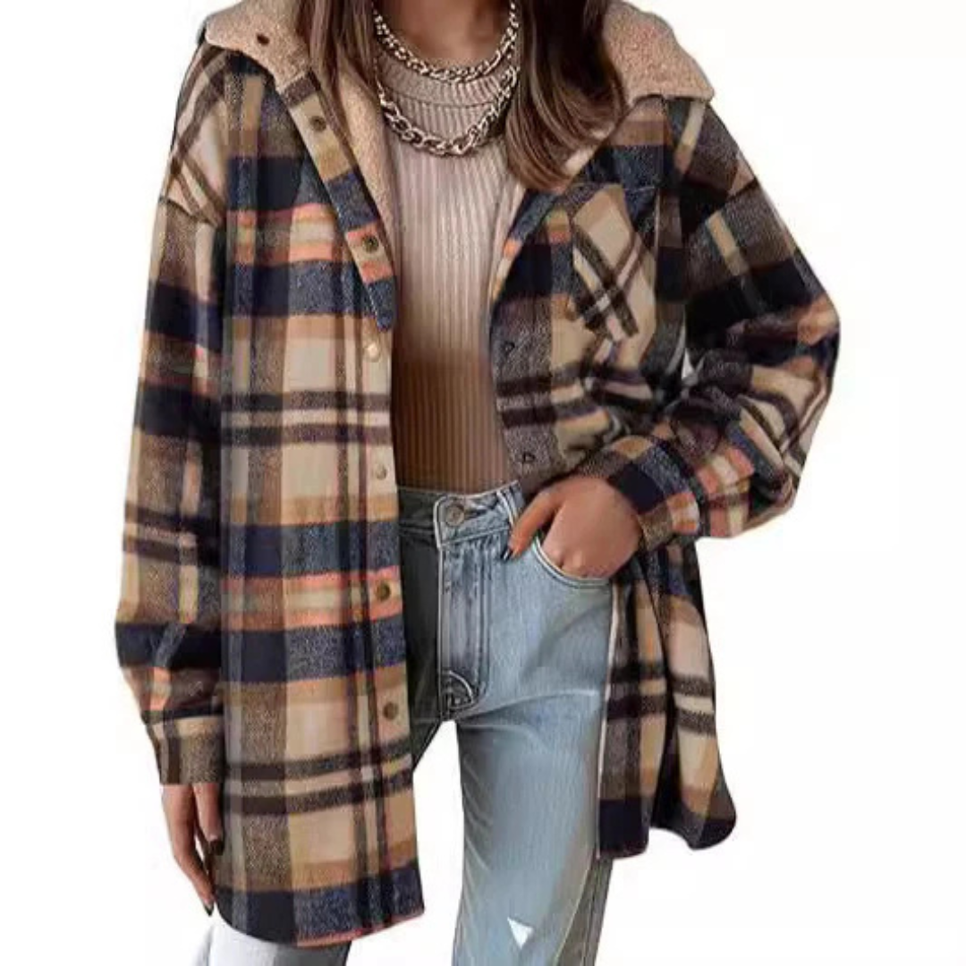 Women's Flannel Hooded Plaid Shacket Thick Coat Winter Coat for Warmth Button down Warm and Fuzzy Fleece Jacket
