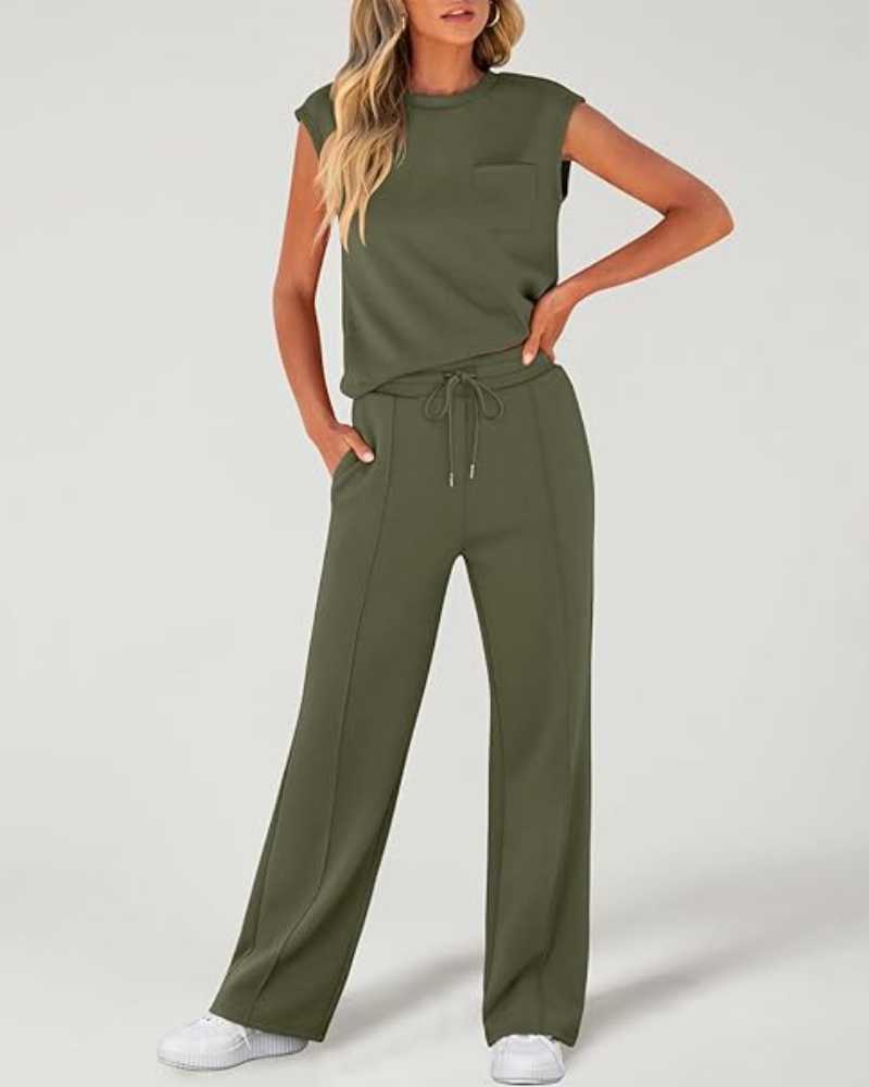 Ensemble deux pièces caraco uni et pantalon large à taille coulissée pour femme