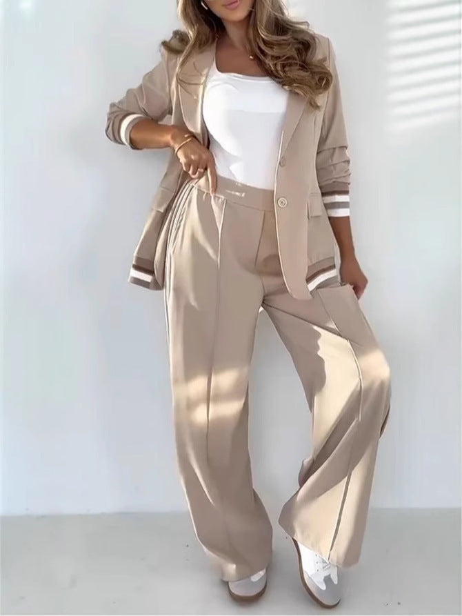 2 Pcs Set Women Suit Coat Pants Suit Lapel Long Sleeves Lady Jacket Wide Leg High Waist Trousers Female Commuting Office Outfit