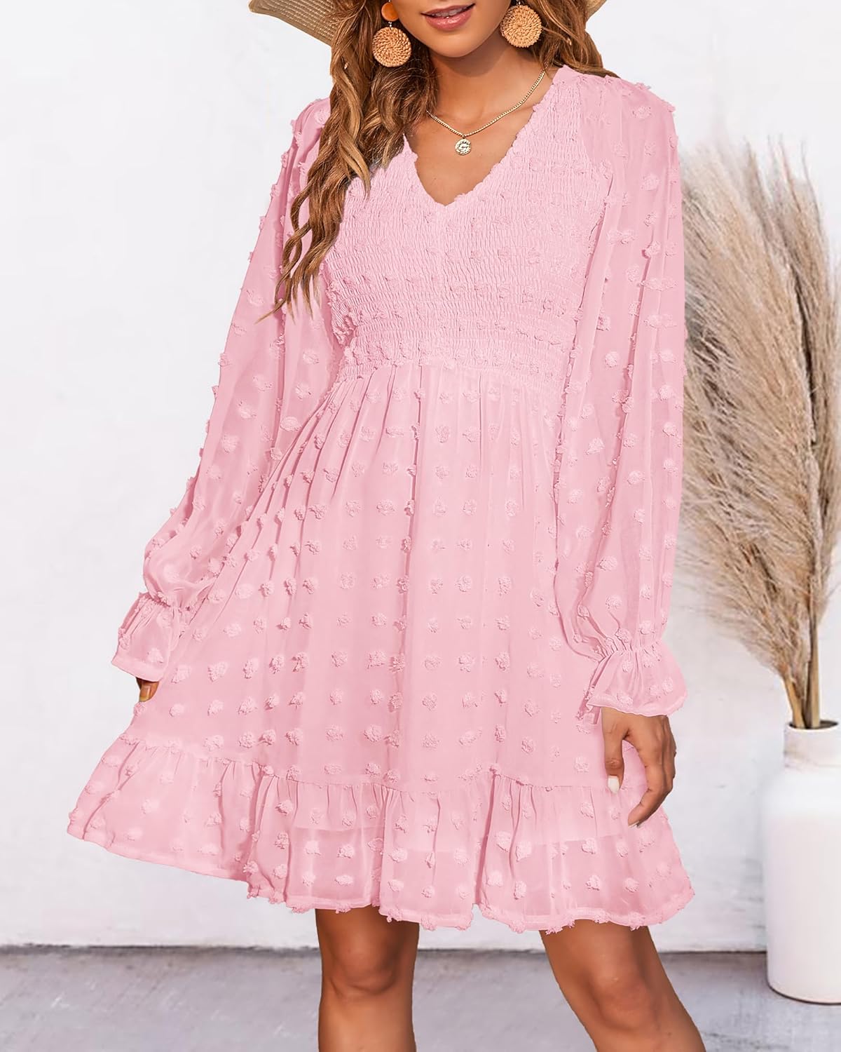 Women's Spring V Neck Swiss Dot Chiffon Mini Dress (Buy 2 Free Shipping)