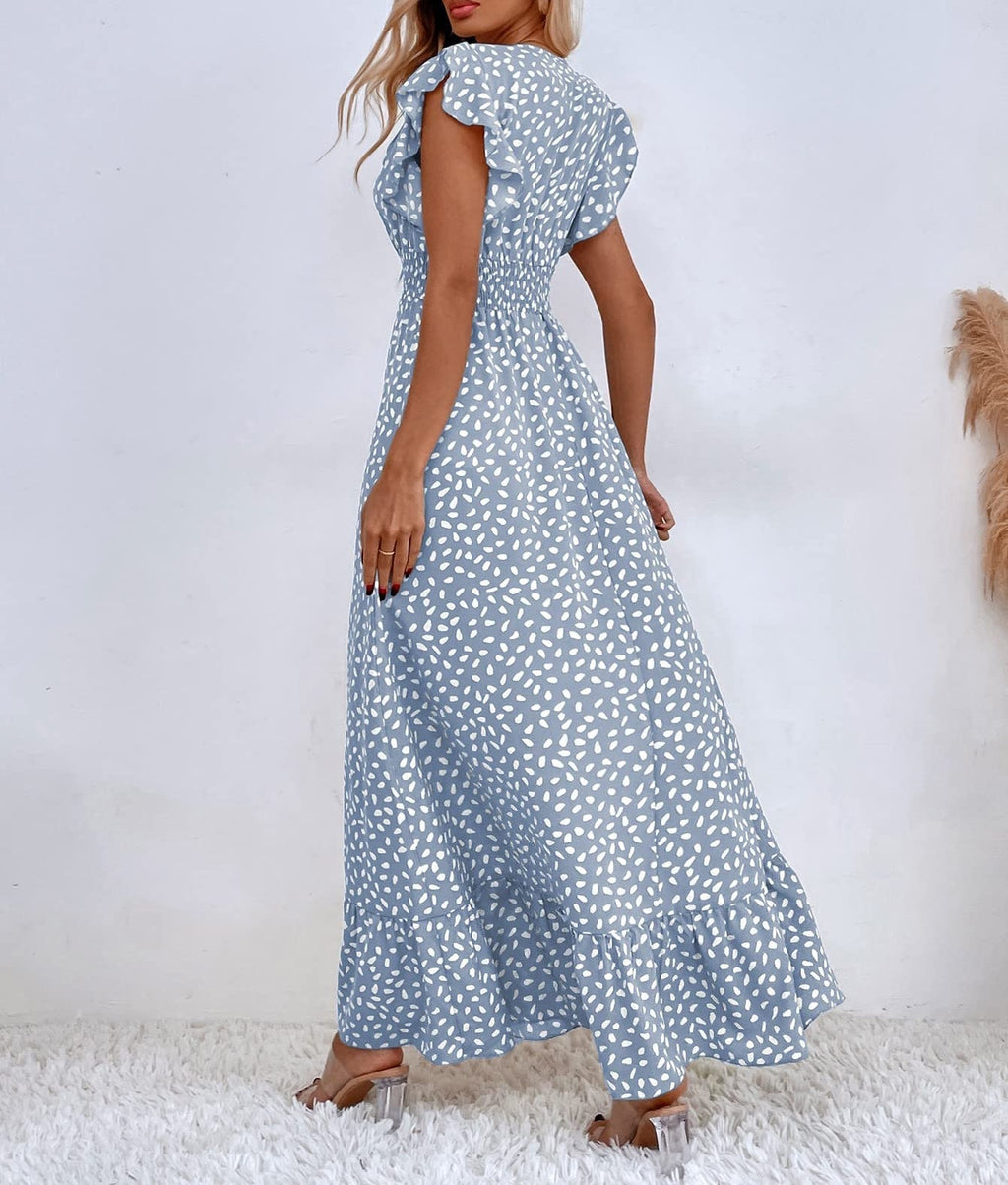 Print Ruffle Sleeve V Neck Maxi Dress