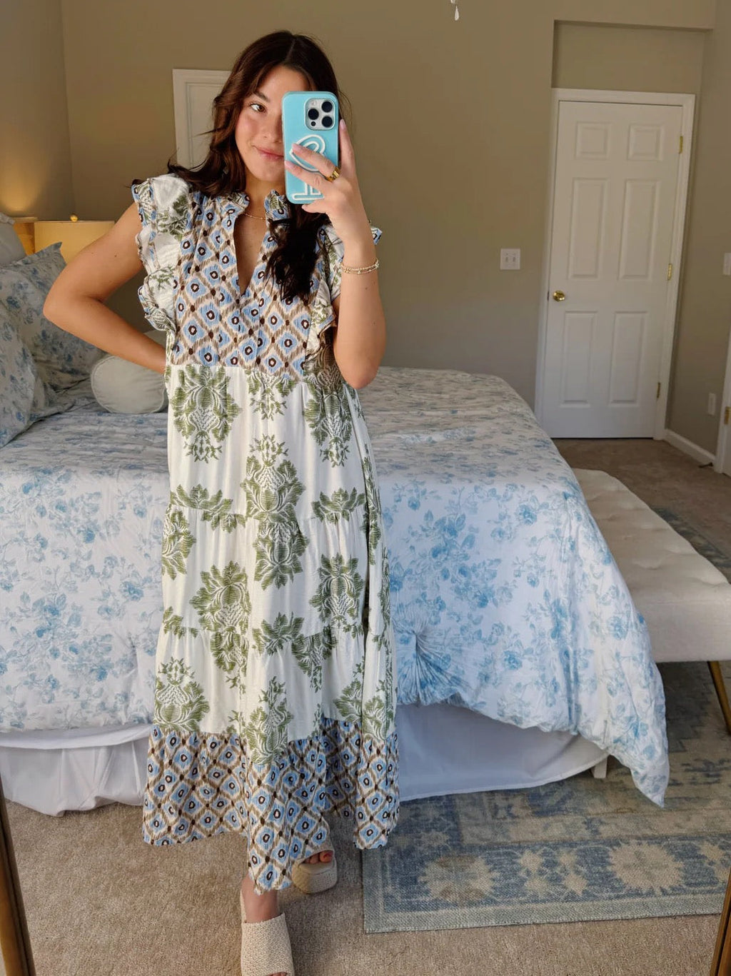 Women's Casual Printed Ruffle Sleeve Midi Dress (Buy 2 Free Shipping)